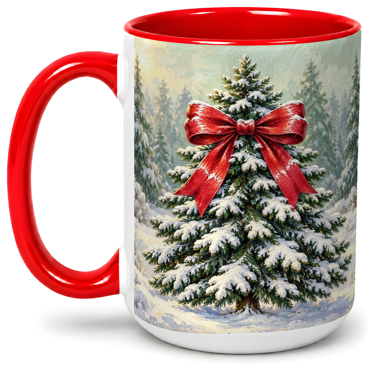 #pl[15oz|Red] Snowy Christmas Tree Ceramic Mug, Red Bow Winter Oil Painting