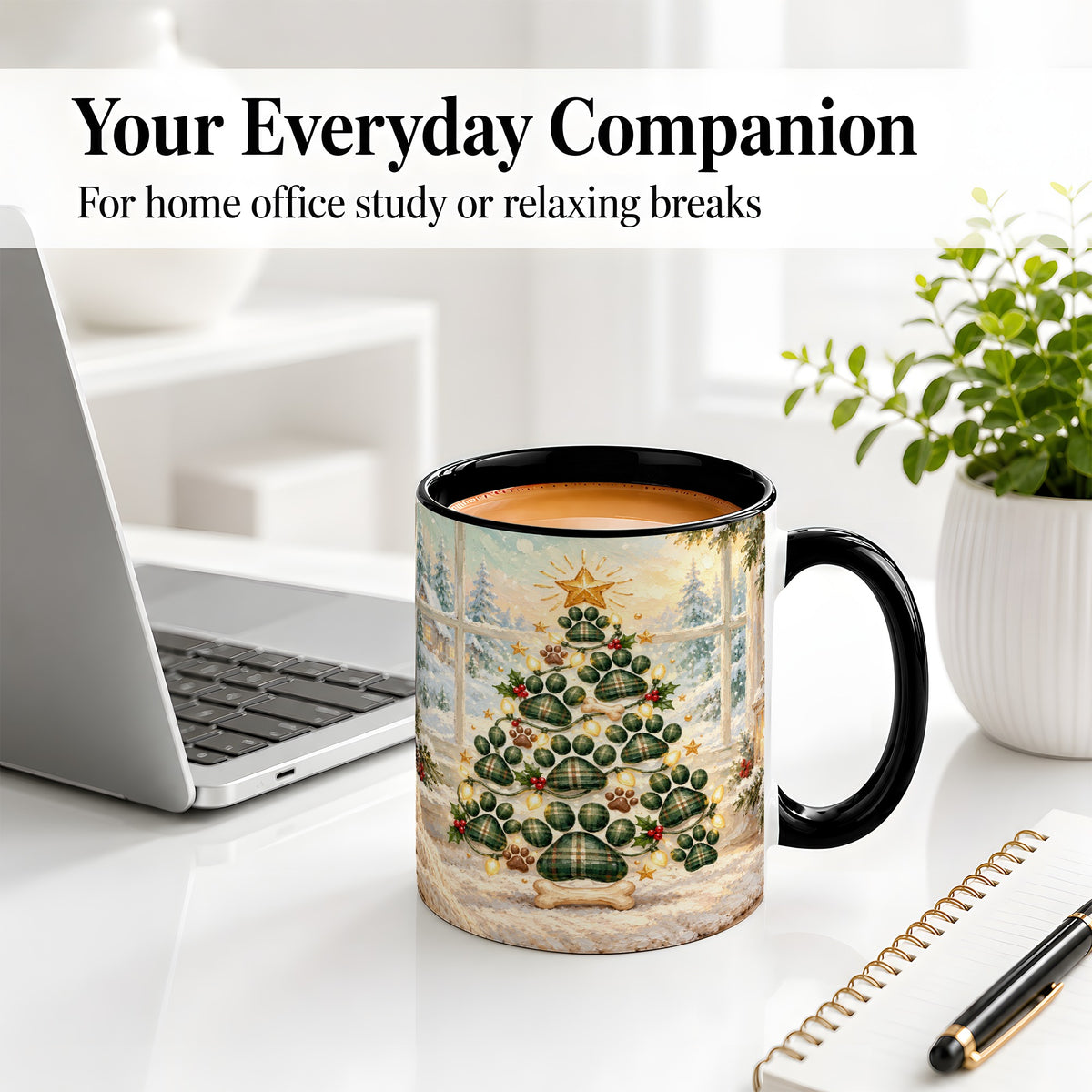 #pl[11oz|Black] Christmas Paw Print Tree Ceramic Mug, Green Plaid Dog Artwork