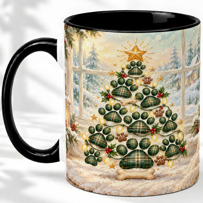 #pl[11oz|Black] Christmas Paw Print Tree Ceramic Mug, Green Plaid Dog Artwork