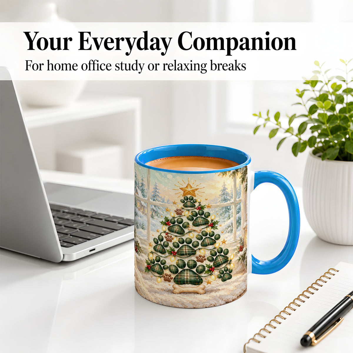 #pl[11oz|Blue] Christmas Paw Print Tree Ceramic Mug, Green Plaid Dog Artwork