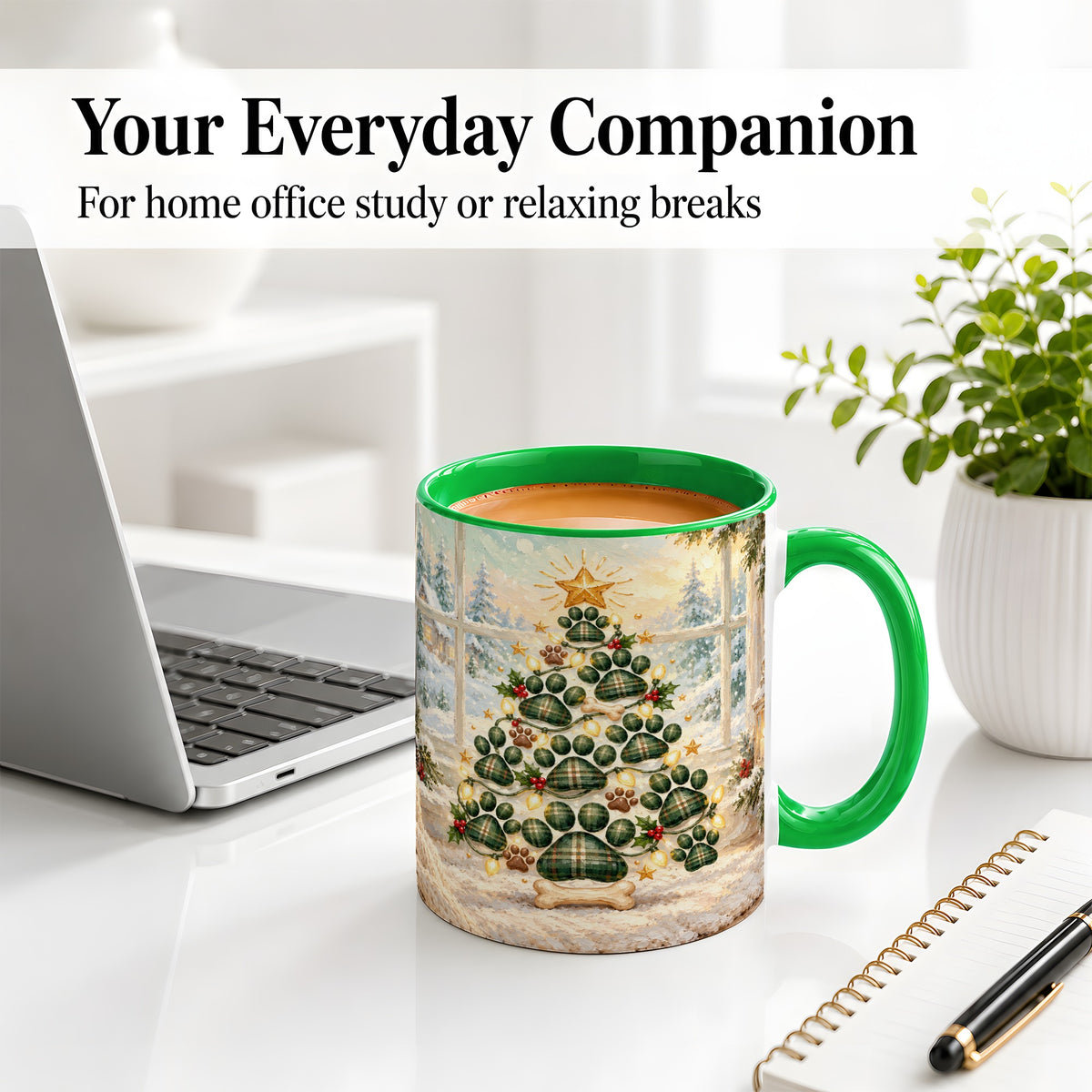#pl[11oz|Green] Christmas Paw Print Tree Ceramic Mug, Green Plaid Dog Artwork