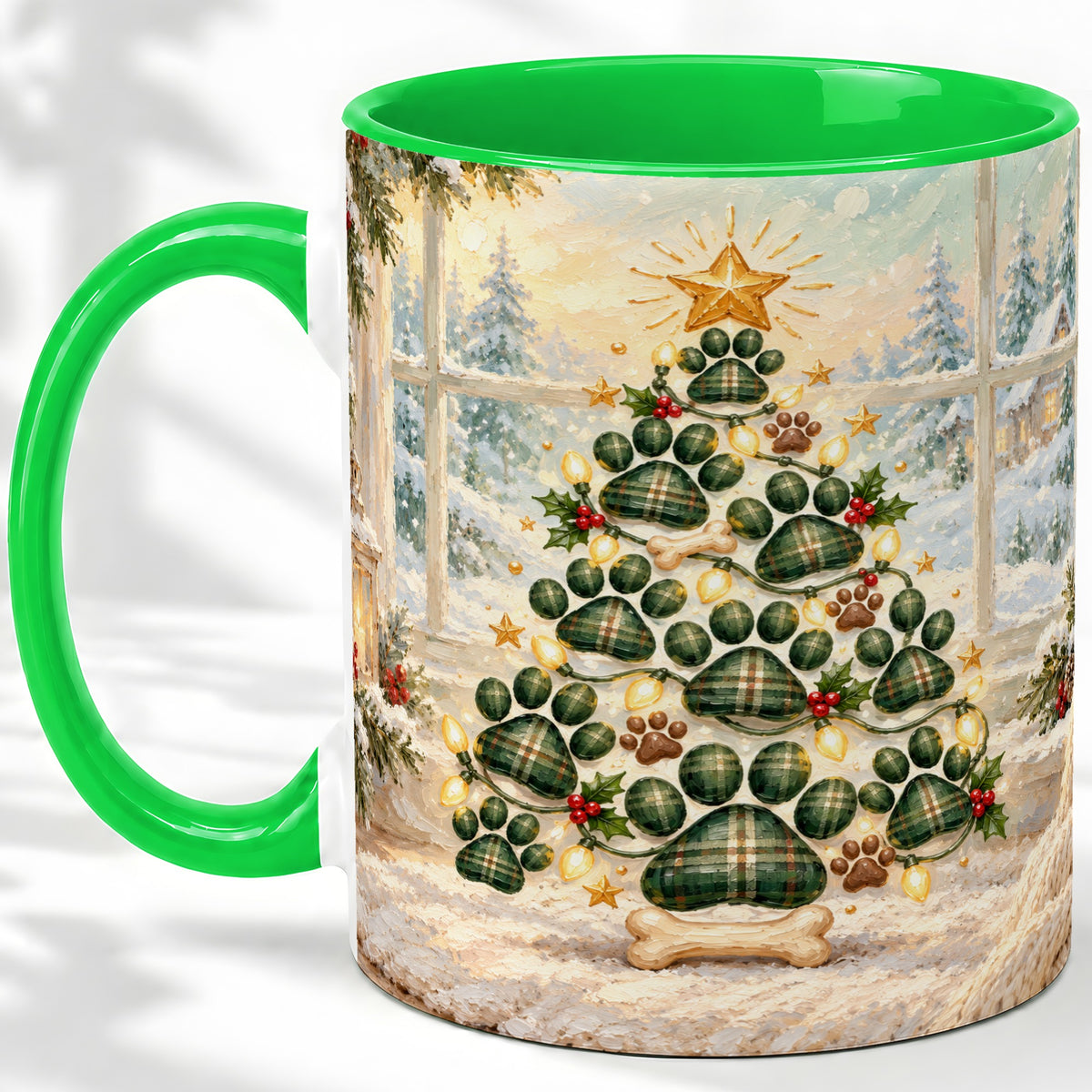 #pl[11oz|Green] Christmas Paw Print Tree Ceramic Mug, Green Plaid Dog Artwork