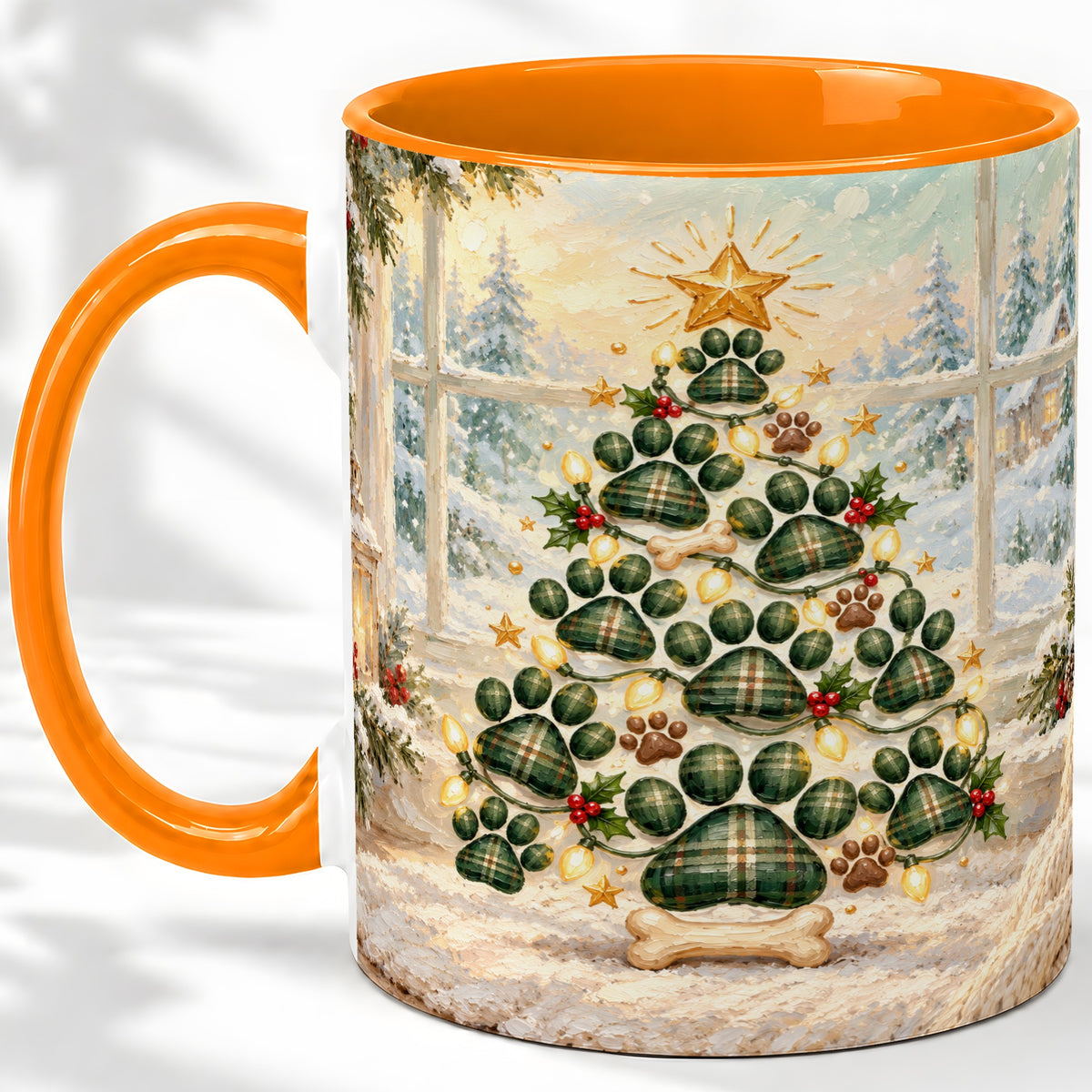 #pl[11oz|Orange] Christmas Paw Print Tree Ceramic Mug, Green Plaid Dog Artwork
