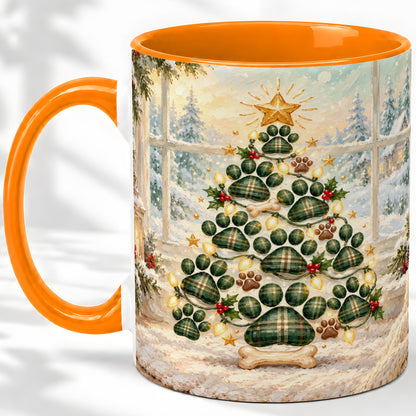 #pl[11oz|Orange] Christmas Paw Print Tree Ceramic Mug, Green Plaid Dog Artwork
