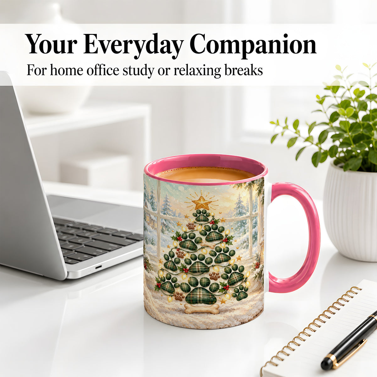#pl[11oz|Pink] Christmas Paw Print Tree Ceramic Mug, Green Plaid Dog Artwork