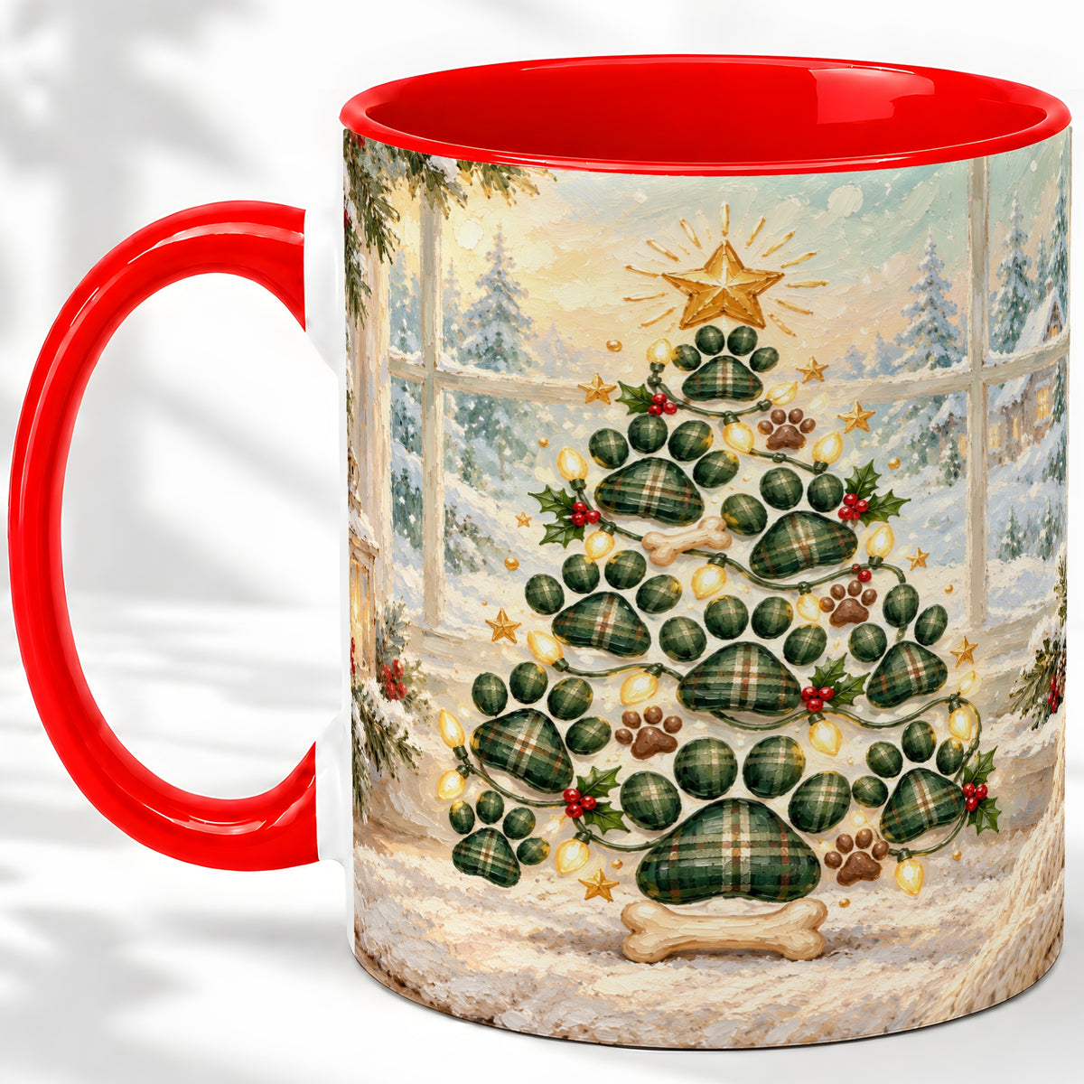 Christmas Paw Print Tree Ceramic Mug, Green Plaid Dog Artwork
