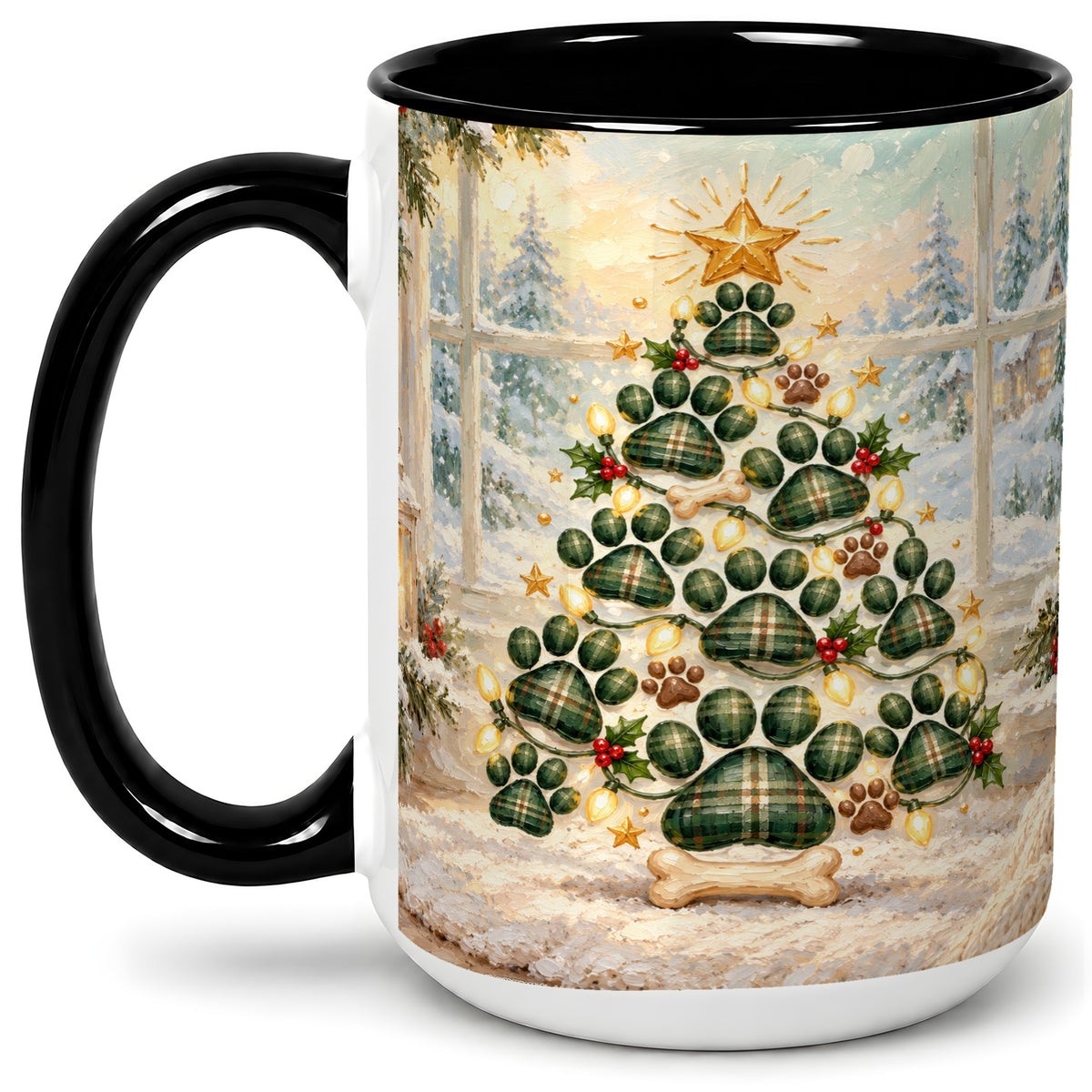 #pl[15oz|Black] Christmas Paw Print Tree Ceramic Mug, Green Plaid Dog Artwork