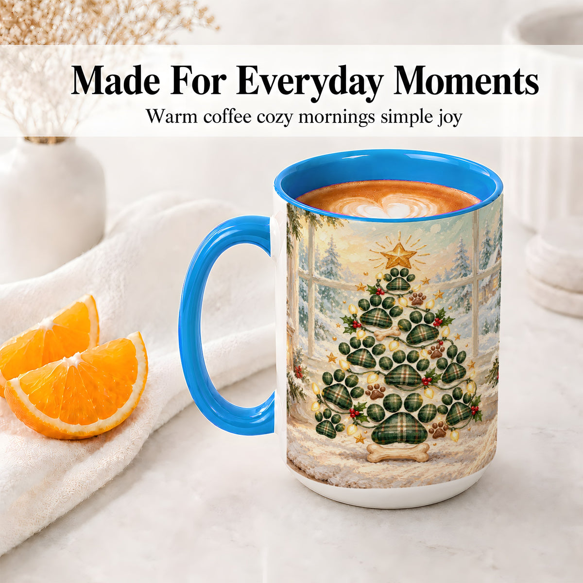#pl[15oz|Blue] Christmas Paw Print Tree Ceramic Mug, Green Plaid Dog Artwork