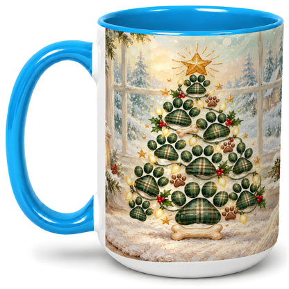 #pl[15oz|Blue] Christmas Paw Print Tree Ceramic Mug, Green Plaid Dog Artwork
