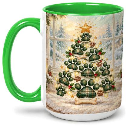 #pl[15oz|Green] Christmas Paw Print Tree Ceramic Mug, Green Plaid Dog Artwork