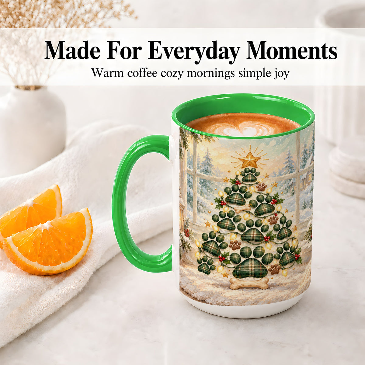 #pl[15oz|Green] Christmas Paw Print Tree Ceramic Mug, Green Plaid Dog Artwork