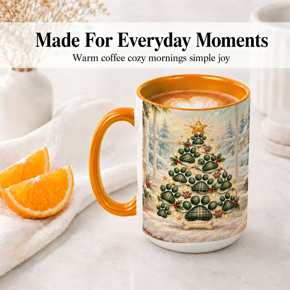 #pl[15oz|Orange] Christmas Paw Print Tree Ceramic Mug, Green Plaid Dog Artwork