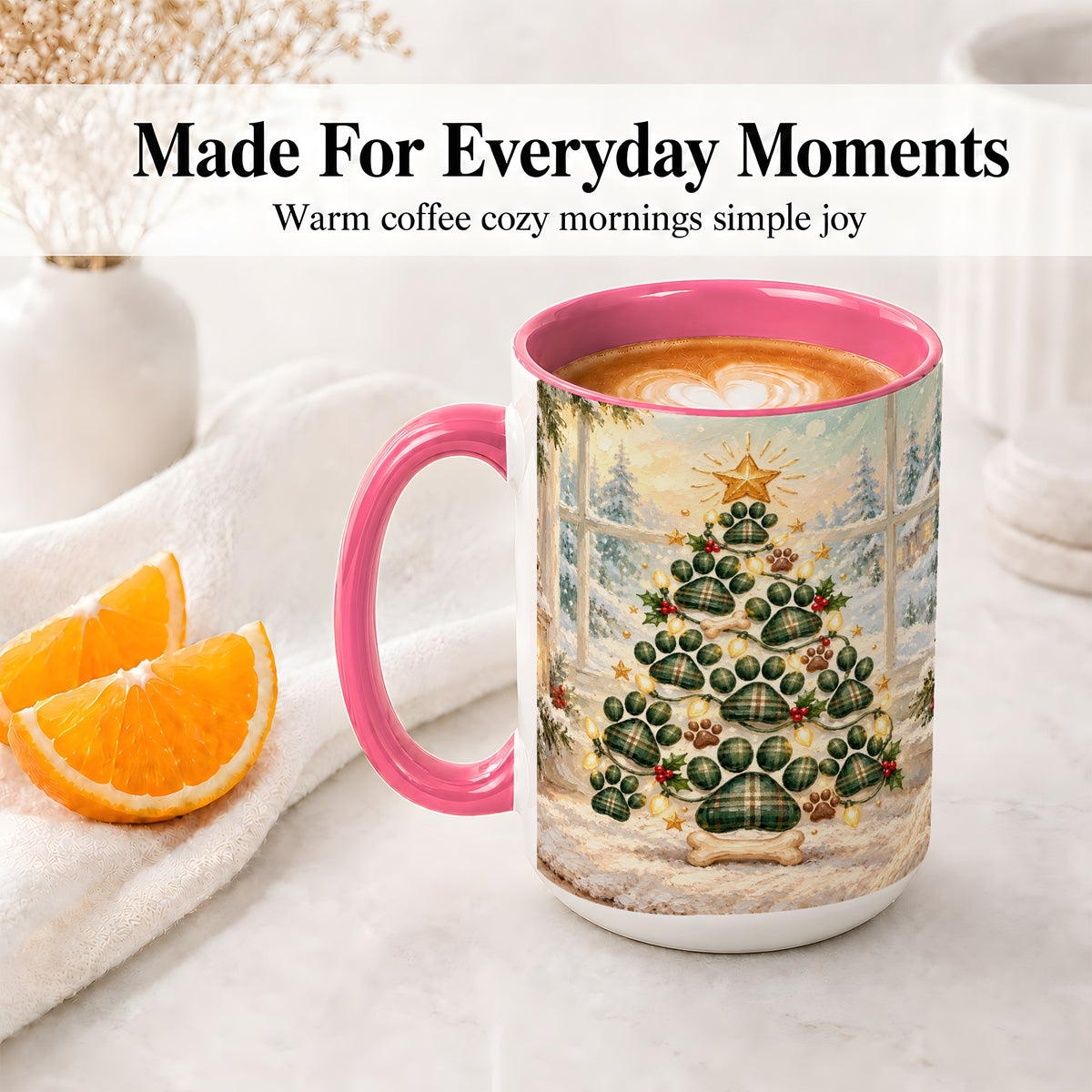 #pl[15oz|Pink] Christmas Paw Print Tree Ceramic Mug, Green Plaid Dog Artwork