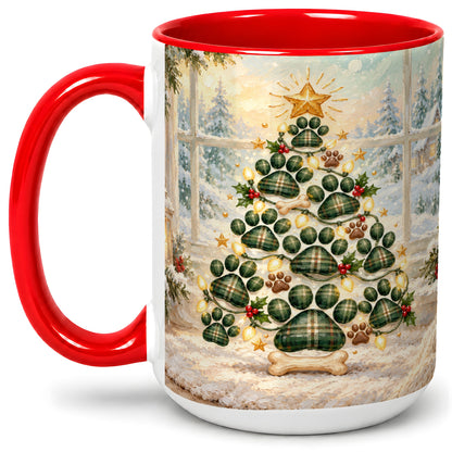 #pl[15oz|Red] Christmas Paw Print Tree Ceramic Mug, Green Plaid Dog Artwork