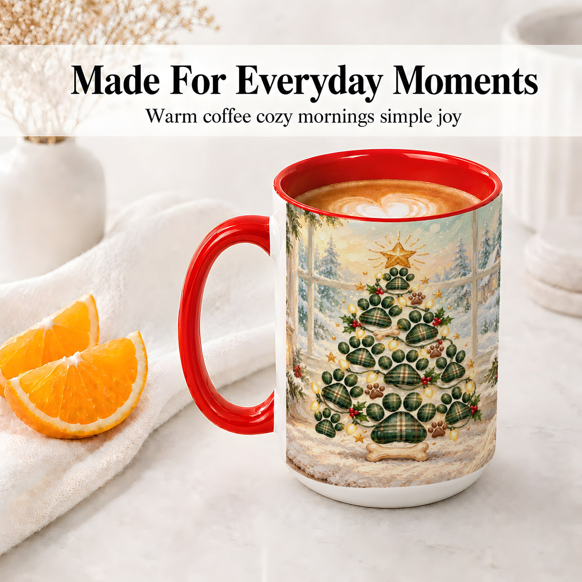 #pl[15oz|Red] Christmas Paw Print Tree Ceramic Mug, Green Plaid Dog Artwork