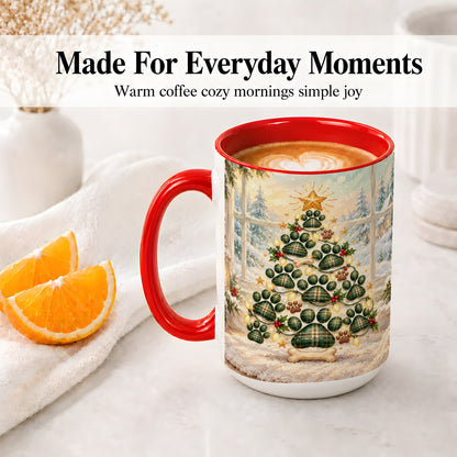#pl[15oz|Red] Christmas Paw Print Tree Ceramic Mug, Green Plaid Dog Artwork