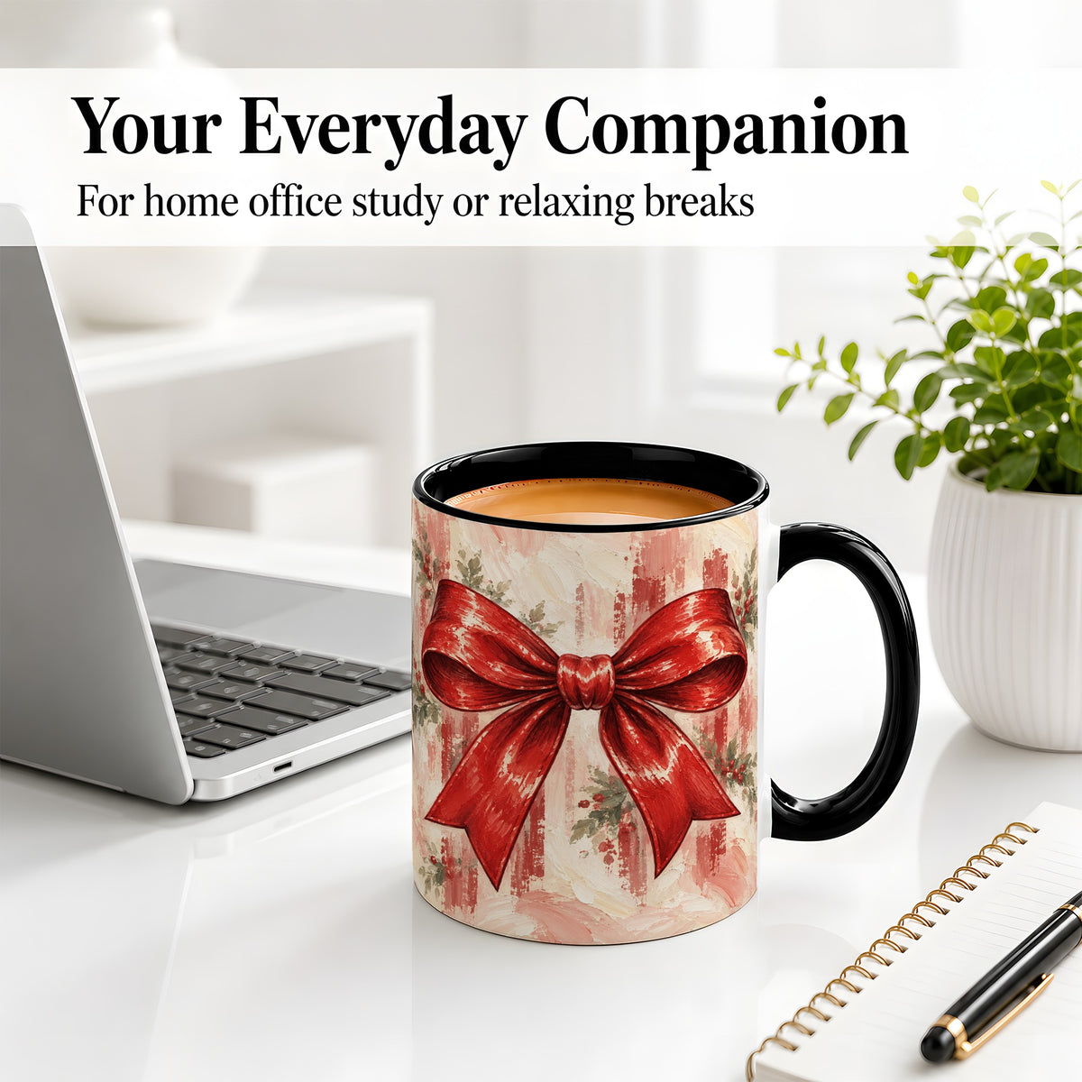 #pl[11oz|Black] Christmas Red Bow Ceramic Mug, Vintage Holiday Ribbon Painting