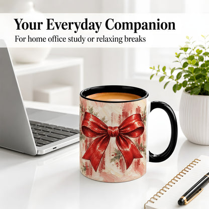 #pl[11oz|Black] Christmas Red Bow Ceramic Mug, Vintage Holiday Ribbon Painting