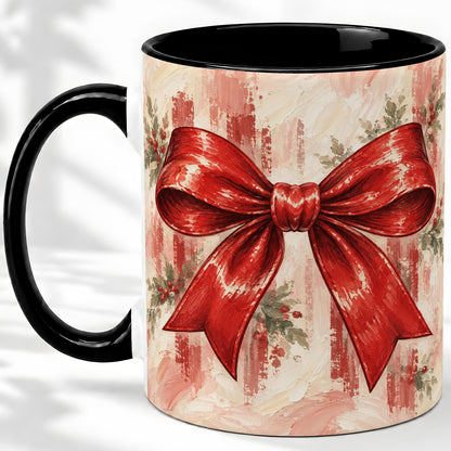 #pl[11oz|Black] Christmas Red Bow Ceramic Mug, Vintage Holiday Ribbon Painting