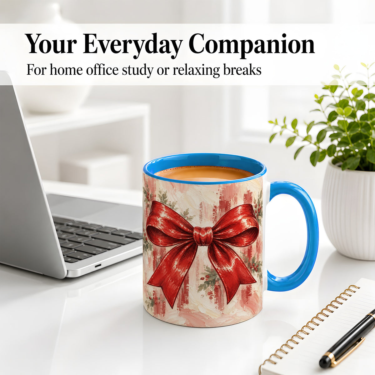 #pl[11oz|Blue] Christmas Red Bow Ceramic Mug, Vintage Holiday Ribbon Painting