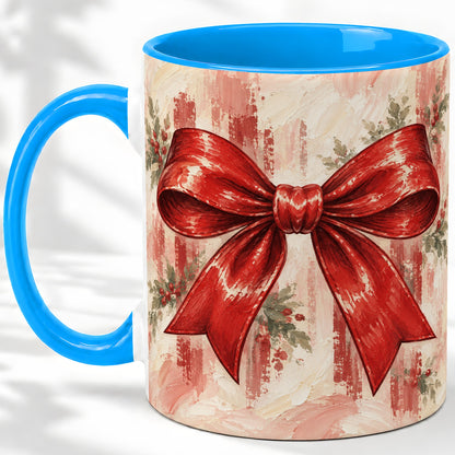#pl[11oz|Blue] Christmas Red Bow Ceramic Mug, Vintage Holiday Ribbon Painting