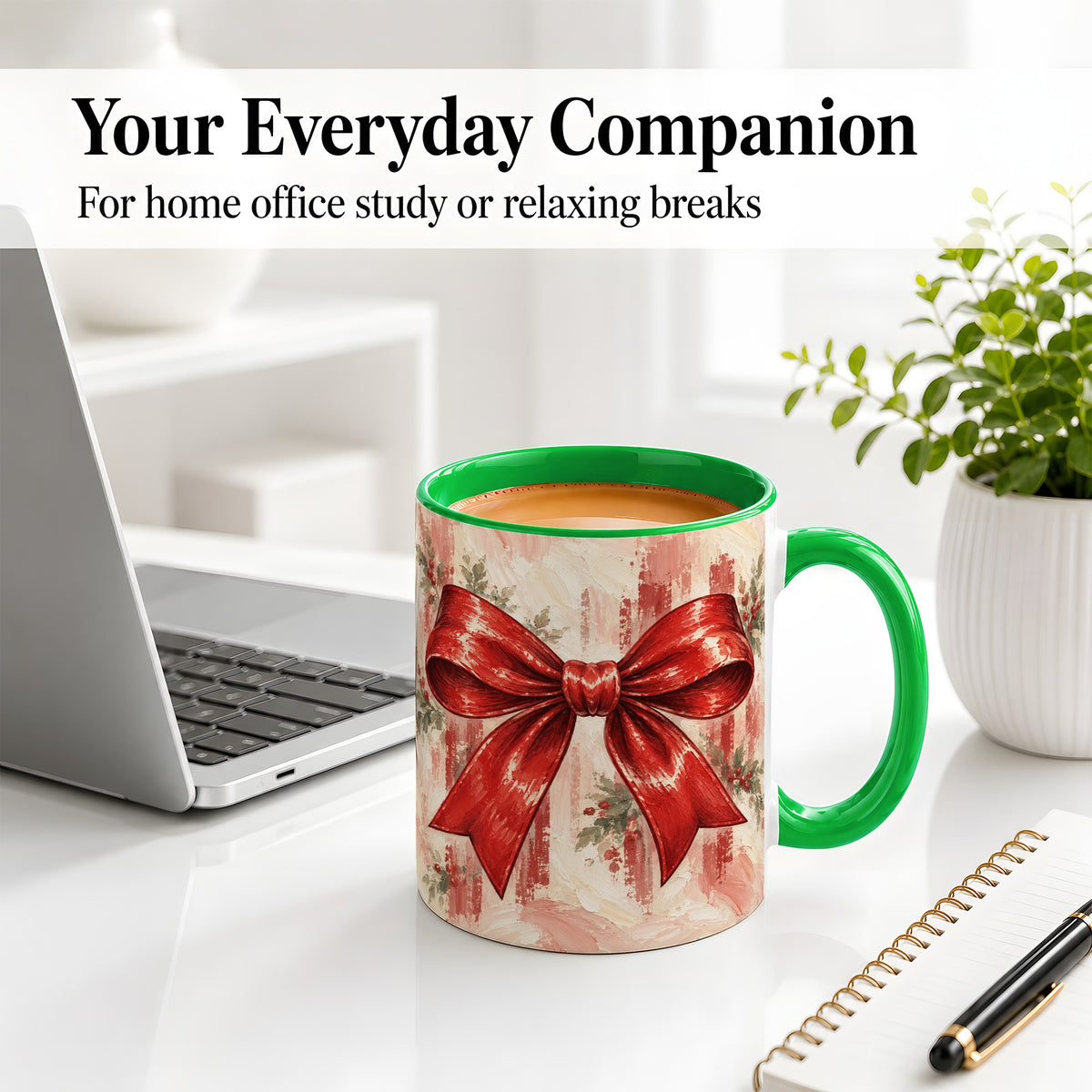 #pl[11oz|Green] Christmas Red Bow Ceramic Mug, Vintage Holiday Ribbon Painting