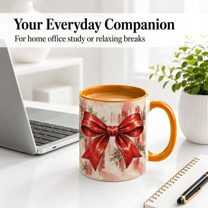 #pl[11oz|Orange] Christmas Red Bow Ceramic Mug, Vintage Holiday Ribbon Painting