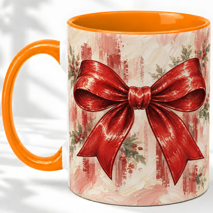 #pl[11oz|Orange] Christmas Red Bow Ceramic Mug, Vintage Holiday Ribbon Painting