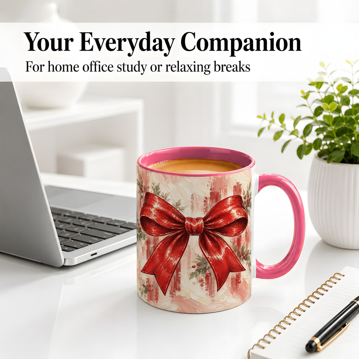 #pl[11oz|Pink] Christmas Red Bow Ceramic Mug, Vintage Holiday Ribbon Painting