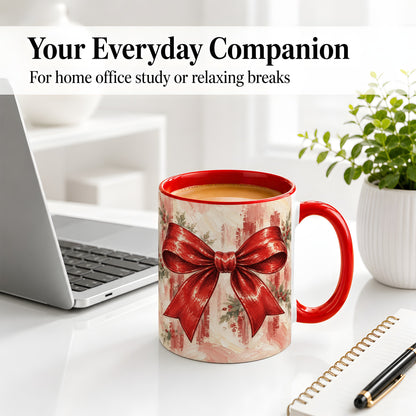 #pl[11oz|Red] Christmas Red Bow Ceramic Mug, Vintage Holiday Ribbon Painting