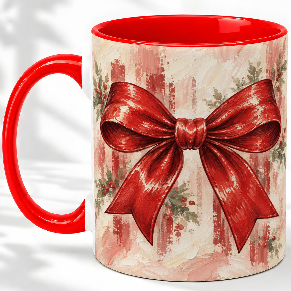 Christmas Red Bow Ceramic Mug, Vintage Holiday Ribbon Painting