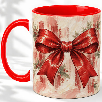 Christmas Red Bow Ceramic Mug, Vintage Holiday Ribbon Painting