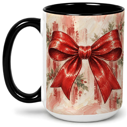 #pl[15oz|Black] Christmas Red Bow Ceramic Mug, Vintage Holiday Ribbon Painting