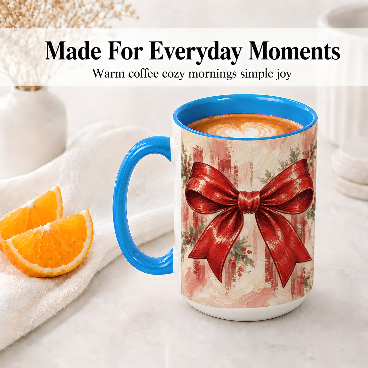 #pl[15oz|Blue] Christmas Red Bow Ceramic Mug, Vintage Holiday Ribbon Painting