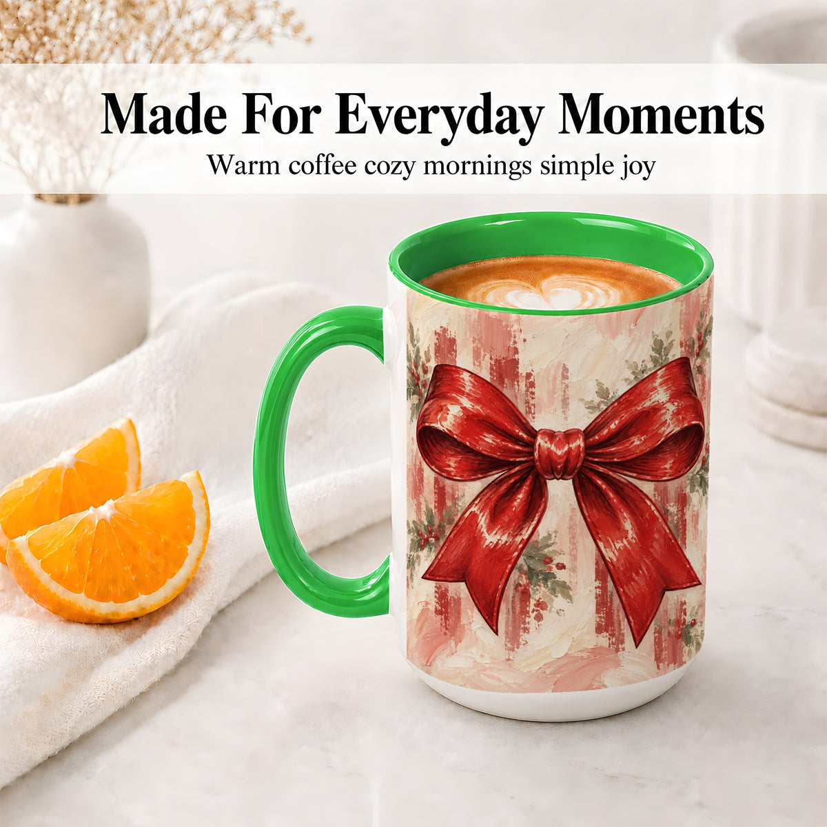 #pl[15oz|Green] Christmas Red Bow Ceramic Mug, Vintage Holiday Ribbon Painting