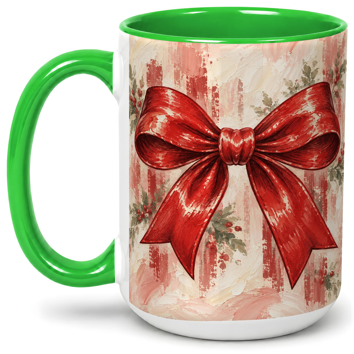 #pl[15oz|Green] Christmas Red Bow Ceramic Mug, Vintage Holiday Ribbon Painting