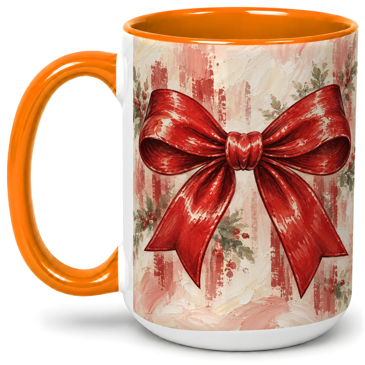 #pl[15oz|Orange] Christmas Red Bow Ceramic Mug, Vintage Holiday Ribbon Painting