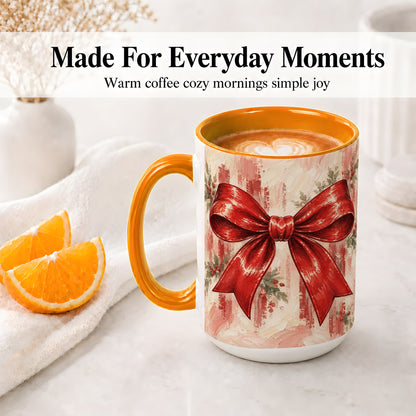 #pl[15oz|Orange] Christmas Red Bow Ceramic Mug, Vintage Holiday Ribbon Painting
