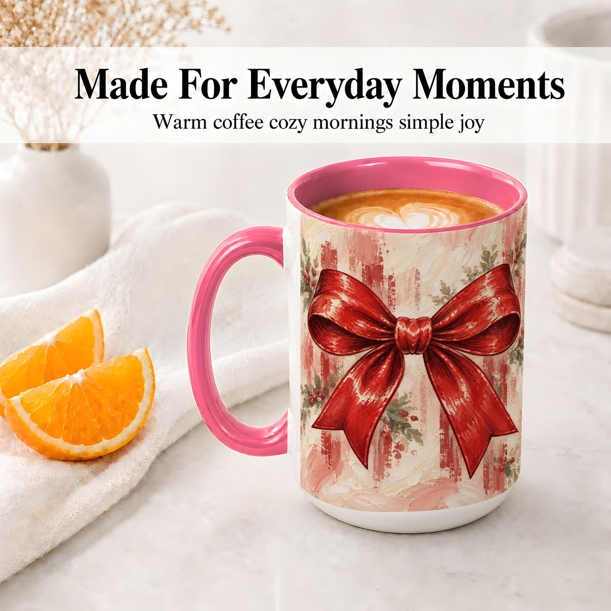 #pl[15oz|Pink] Christmas Red Bow Ceramic Mug, Vintage Holiday Ribbon Painting