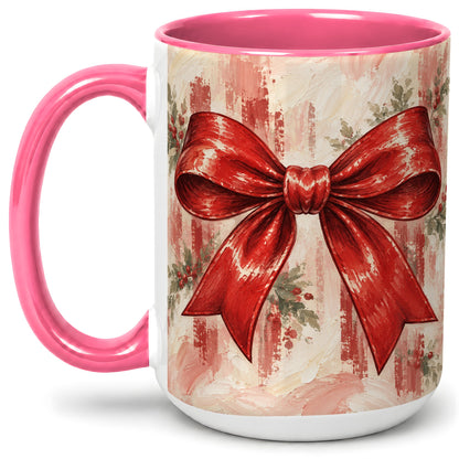 #pl[15oz|Pink] Christmas Red Bow Ceramic Mug, Vintage Holiday Ribbon Painting