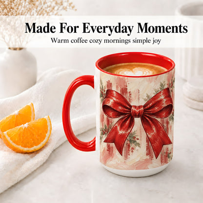 #pl[15oz|Red] Christmas Red Bow Ceramic Mug, Vintage Holiday Ribbon Painting