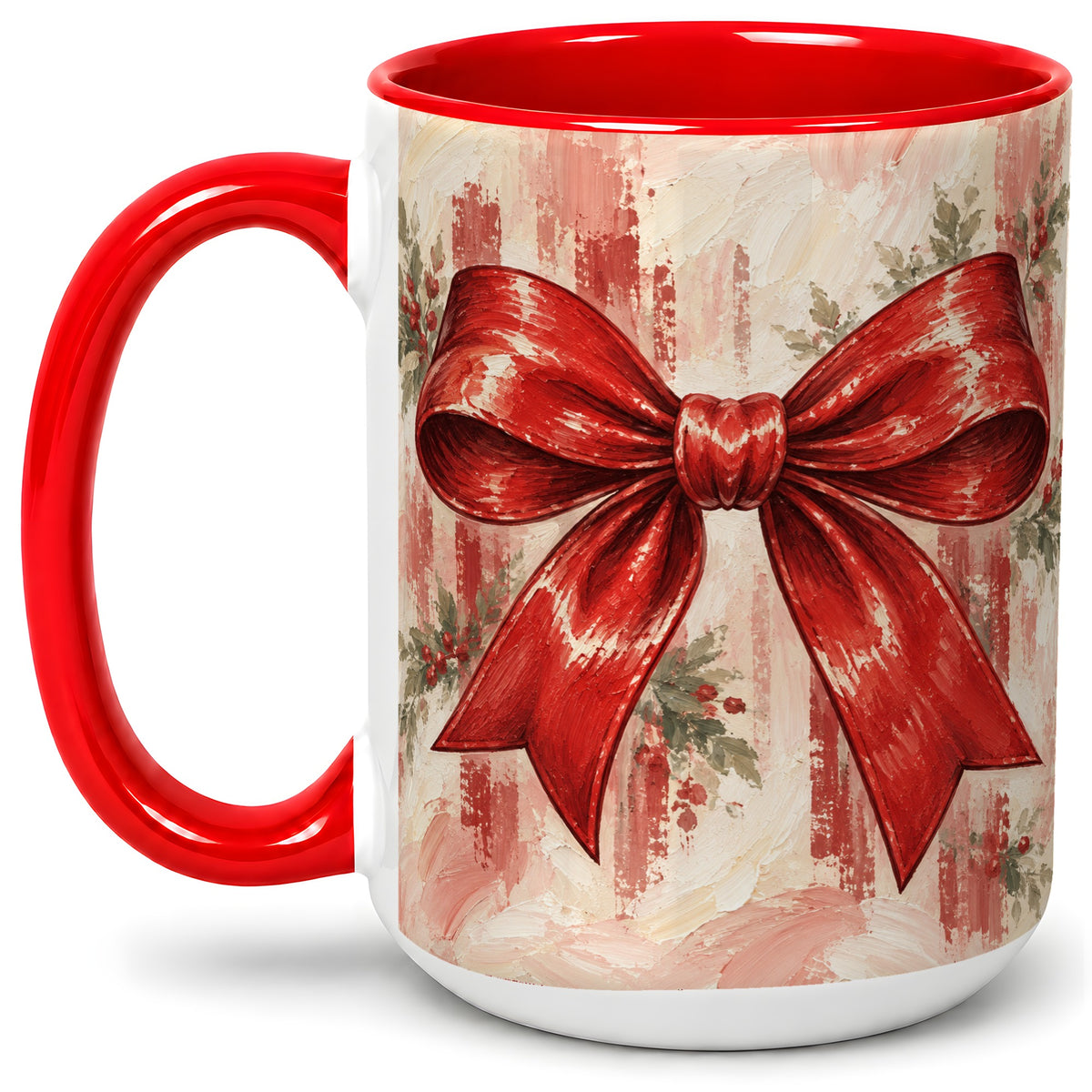 #pl[15oz|Red] Christmas Red Bow Ceramic Mug, Vintage Holiday Ribbon Painting