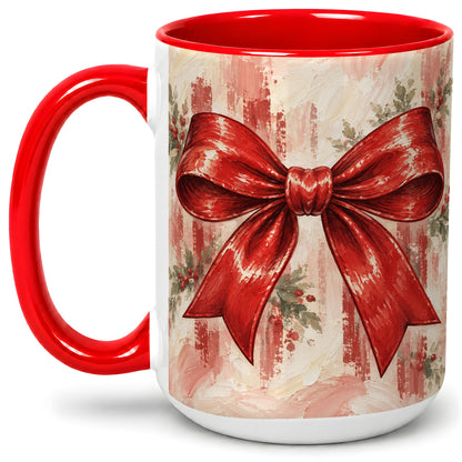 #pl[15oz|Red] Christmas Red Bow Ceramic Mug, Vintage Holiday Ribbon Painting
