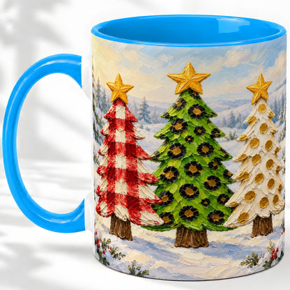 #pl[11oz|Blue] Patterned Christmas Trees Ceramic Mug, Leopard Print Winter Art