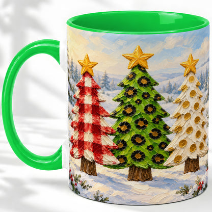 #pl[11oz|Green] Patterned Christmas Trees Ceramic Mug, Leopard Print Winter Art