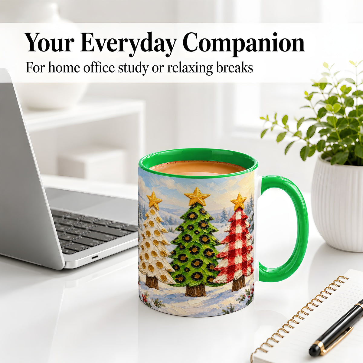 #pl[11oz|Green] Patterned Christmas Trees Ceramic Mug, Leopard Print Winter Art