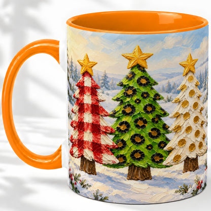 #pl[11oz|Orange] Patterned Christmas Trees Ceramic Mug, Leopard Print Winter Art