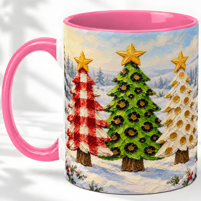 #pl[11oz|Pink] Patterned Christmas Trees Ceramic Mug, Leopard Print Winter Art