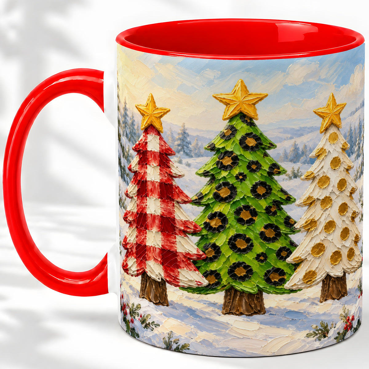 Patterned Christmas Trees Ceramic Mug, Leopard Print Winter Art