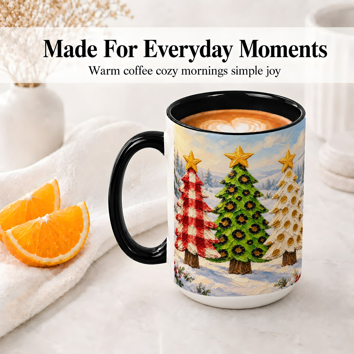 #pl[15oz|Black] Patterned Christmas Trees Ceramic Mug, Leopard Print Winter Art